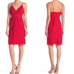 Astr The Label Red Lace V-Neck Midi Sheath Dress Sz S